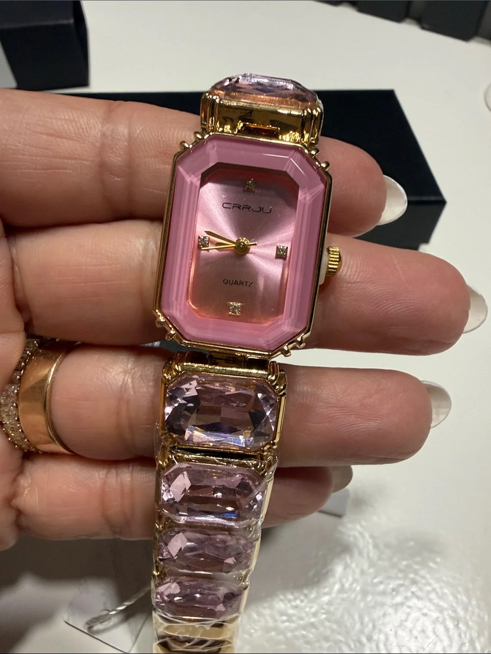 CRRJU Pink Crystal Link Fashion Watch